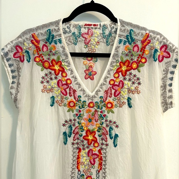 Johnny Was Sheer White Boho Embroidered V-neck Coverup Tunic - Picture 1 of 9